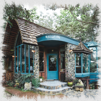 Outside, the front of the tea shop.